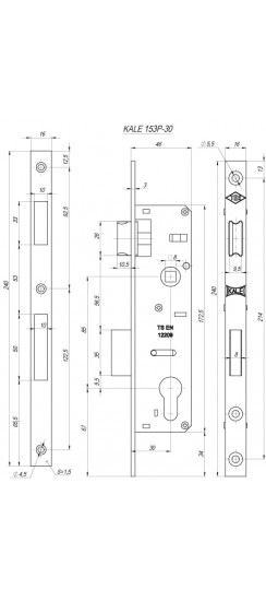 Корпус Kale kilit (Кале килит) узкопрофильного замка с защёлкой 153/P (30 mm) w/b (хром)